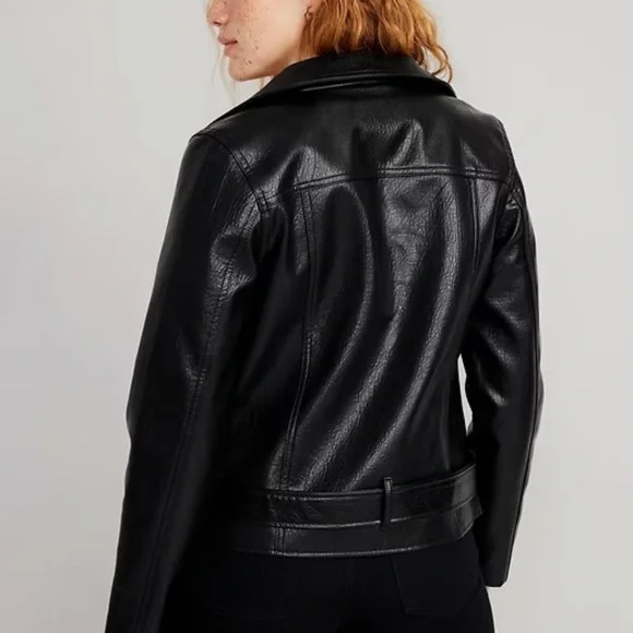 Old Navy Black Faux Belted Leather Moto Jacket - Picture 2 of 6